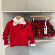 Daga - Tartan Three Piece Skirt Set ( Removable Bow On Blouse )- Red