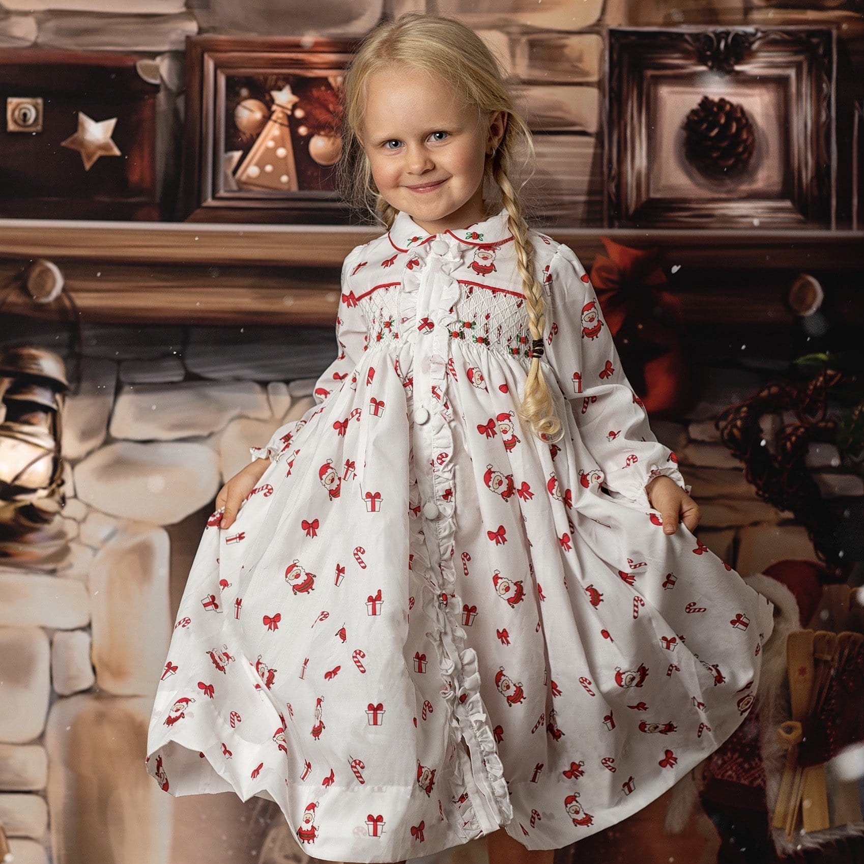 BLUEBELLS - Smocked Christmas Dressing Gown - White