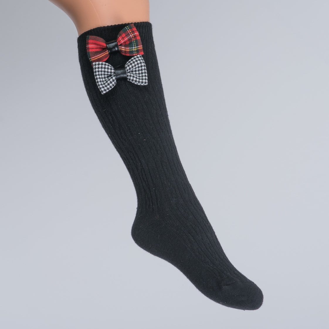 Daga - Tartan Bow Knee High Socks - Black