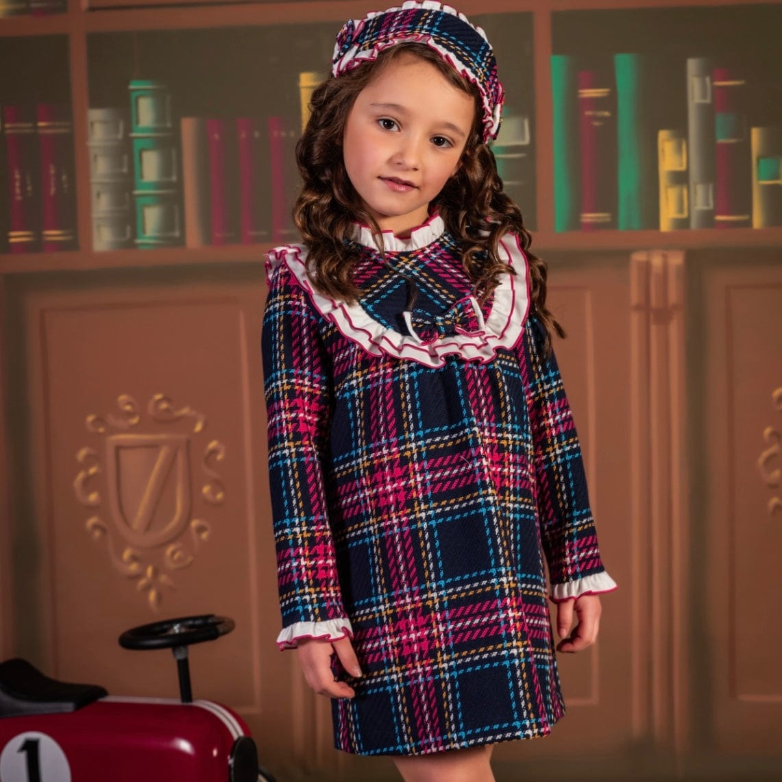 BABINE - Tartan A Line Dress with Red Trim - Red