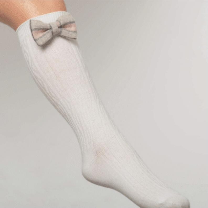Daga - Check Bow Knee High Socks - Pink