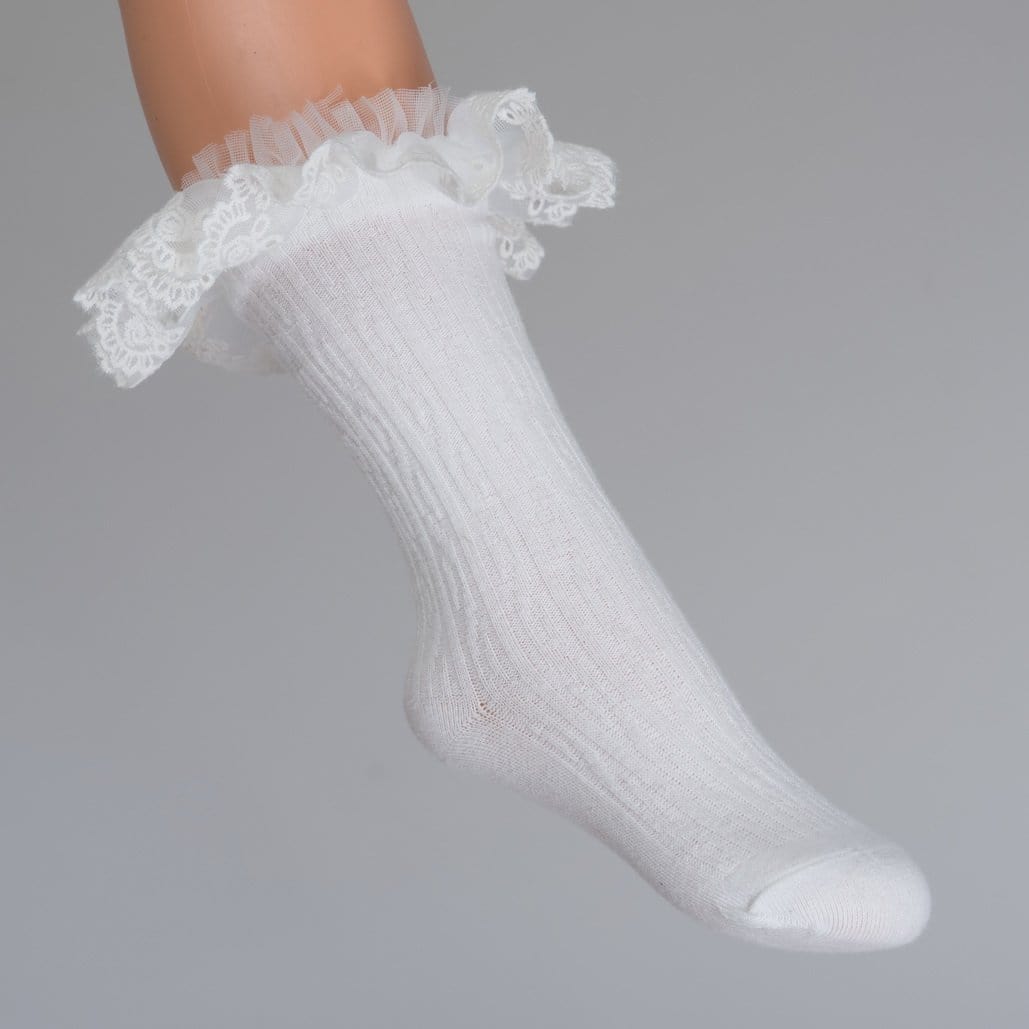 Daga - Lace Trim Knee High Socks - Cream