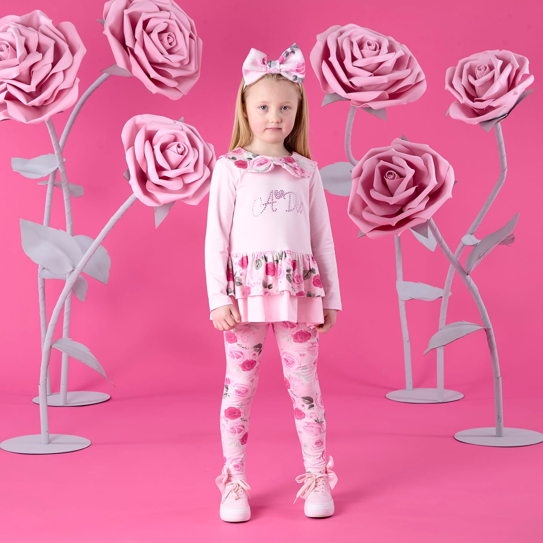 A DEE - Winter Bloom Adeline Rose Print Peplum Legging Set - Pale Pink