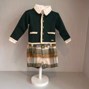 CESAR BLANCO- Three Piece Check Short & Knit Cardigan Set-Green