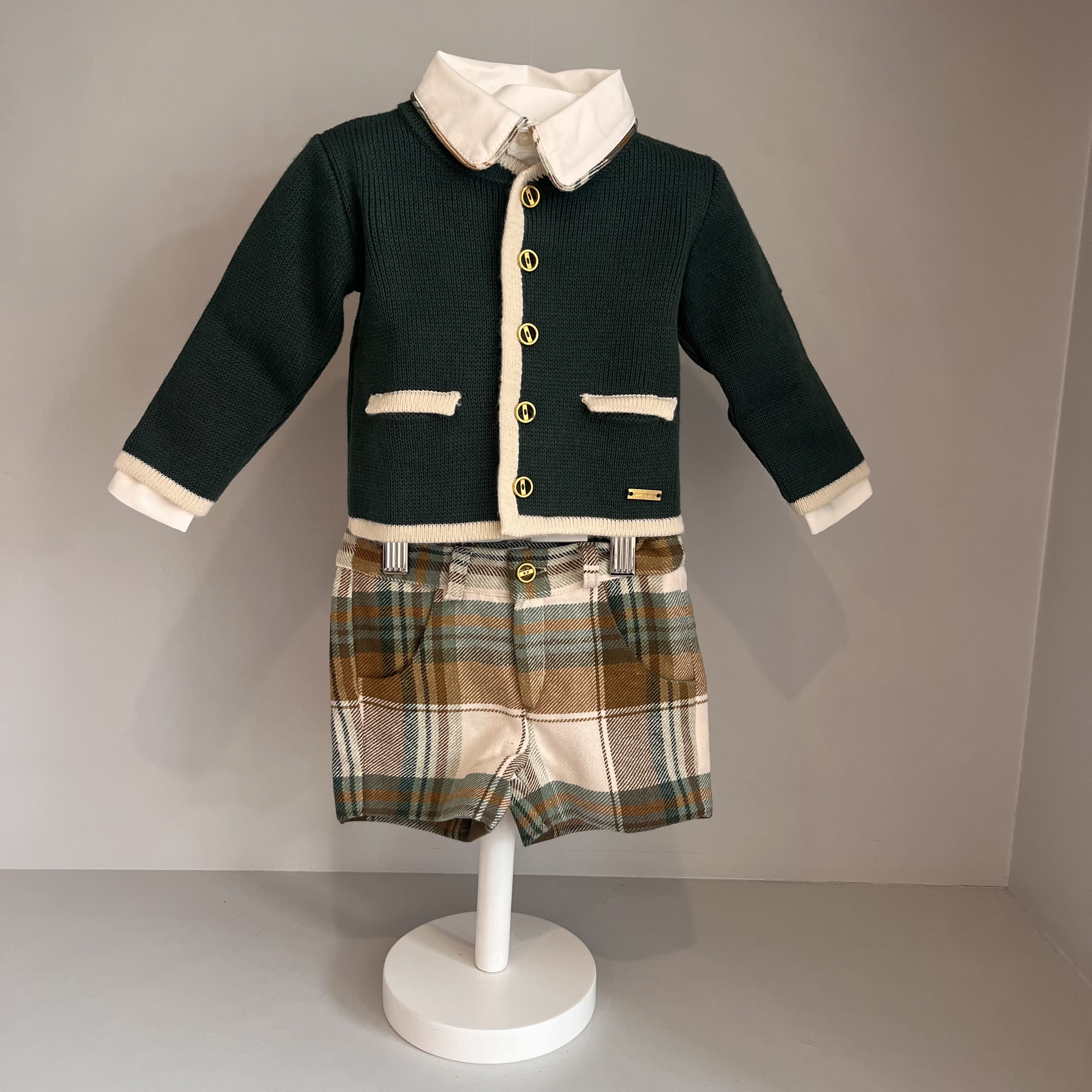 CESAR BLANCO- Three Piece Check Short & Knit Cardigan Set-Green