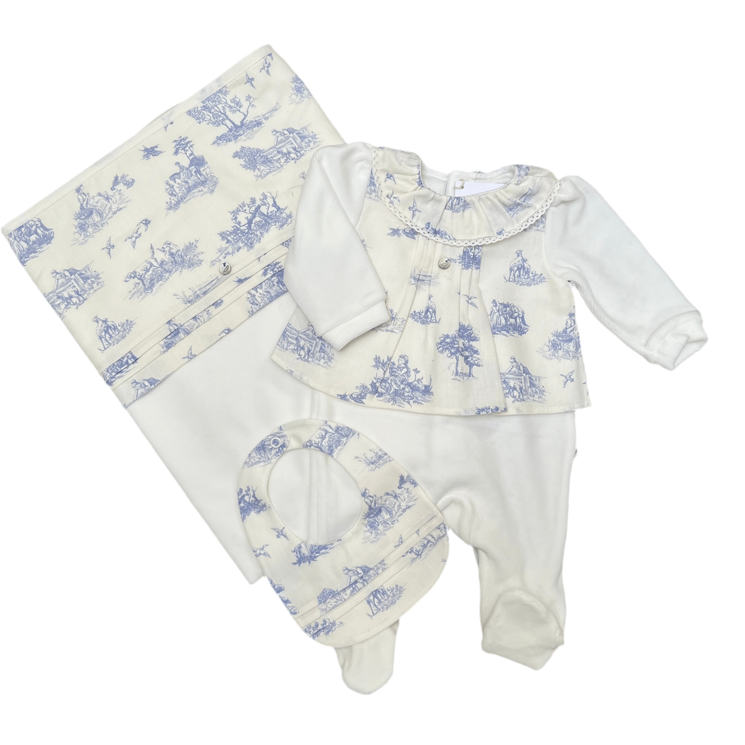 PURETÉ - Velour Toile De Jouy Three Piece Baby Layette Set - Blue