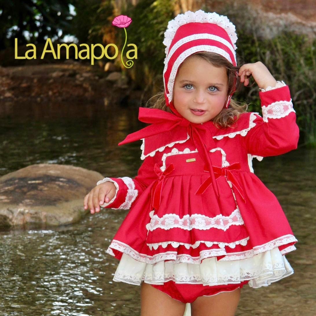 LA AMAPOLA - Valentina Baby Dress & Bonnet - Red