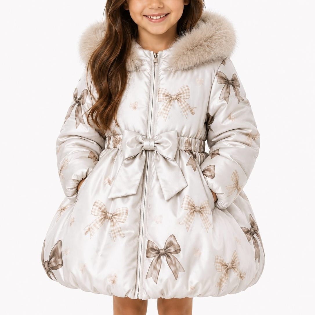 Bimbalo - Fur Hood Bow Print Coat - Camel