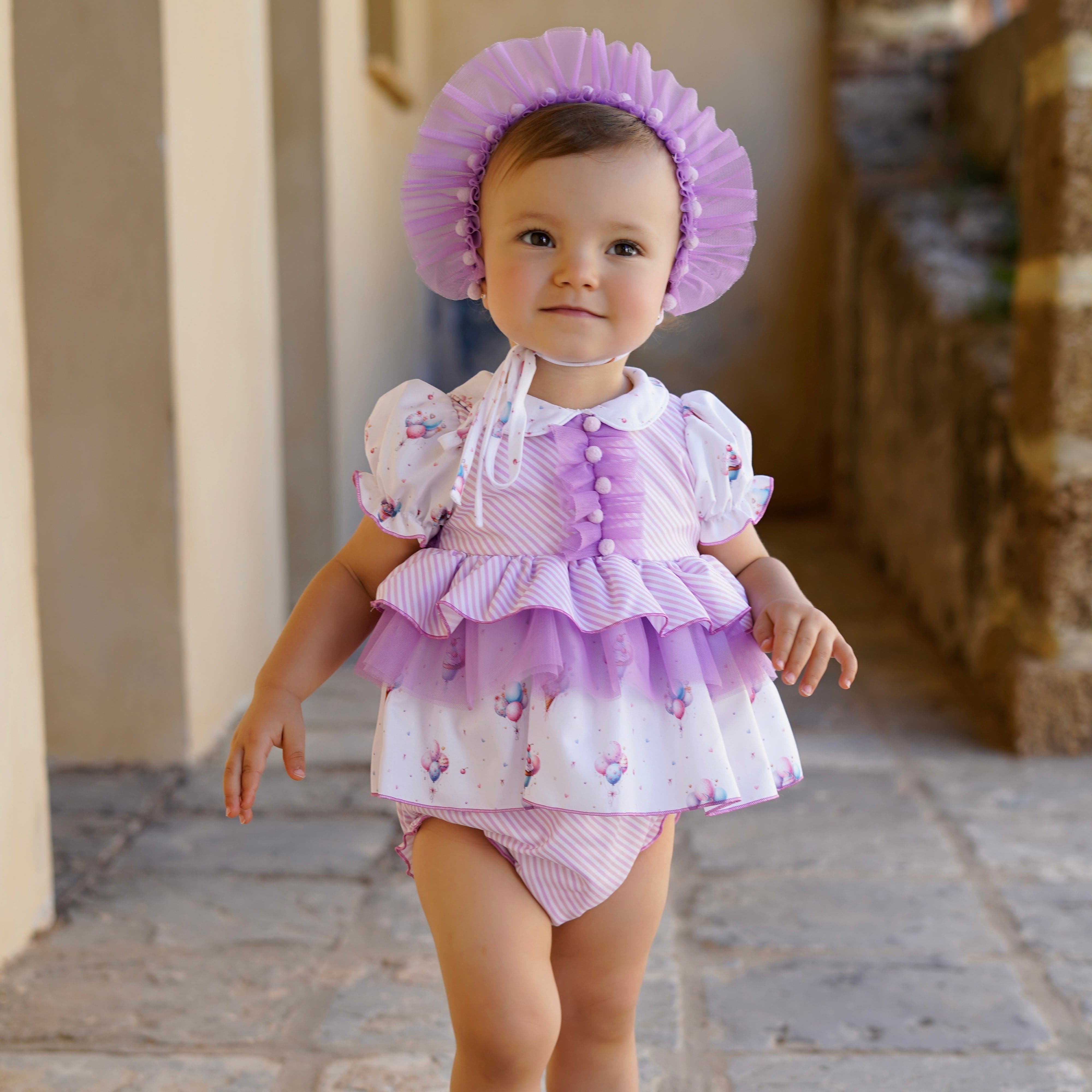 BABINE - Ballon  Baby Dress & Bonnet  - Lilac