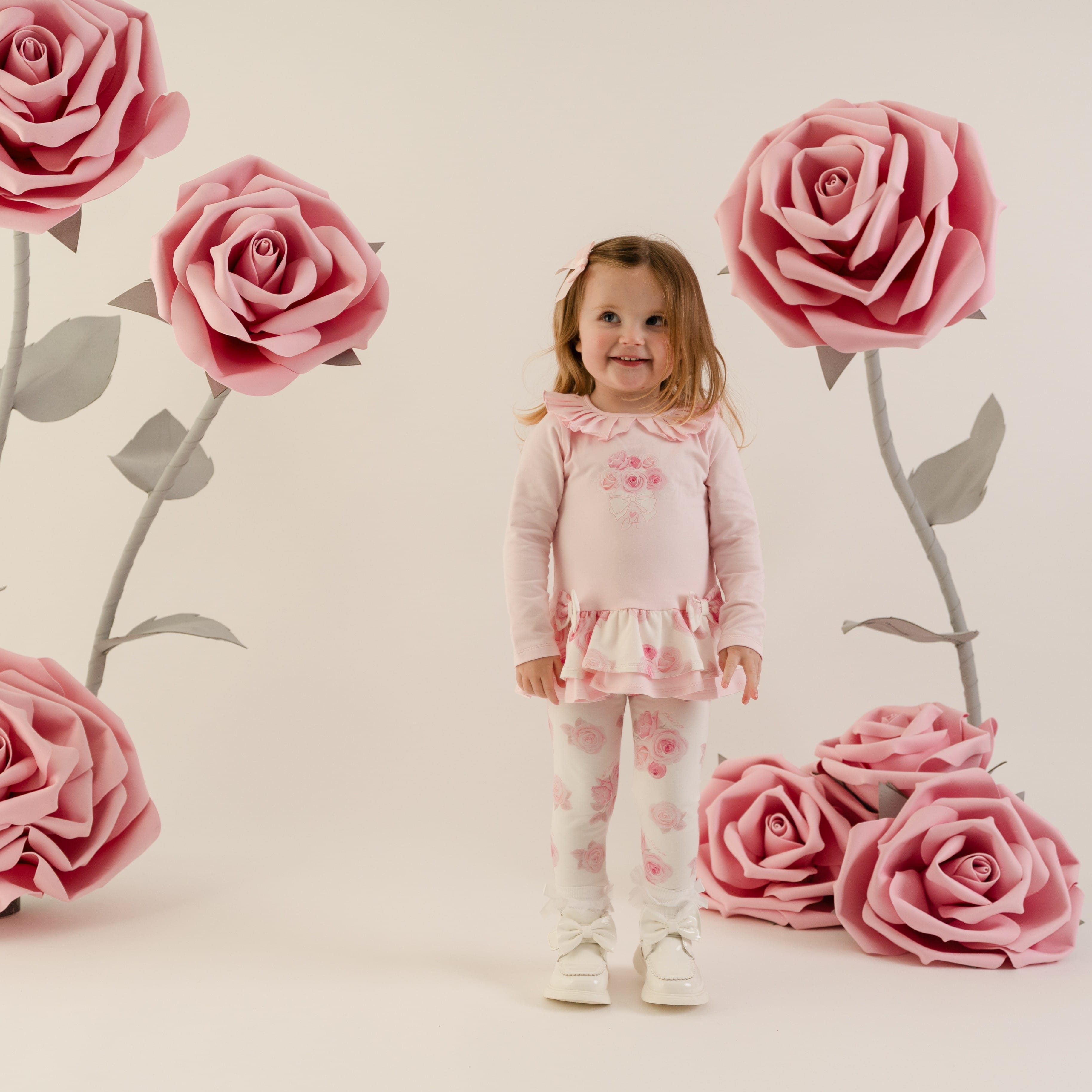 LITTLE A - Little Bloom Daisy Rose Print Legging Set - Pale Pink