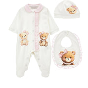 MONNALISA - Teddy Print  Babygrow Three Piece Set - Pink