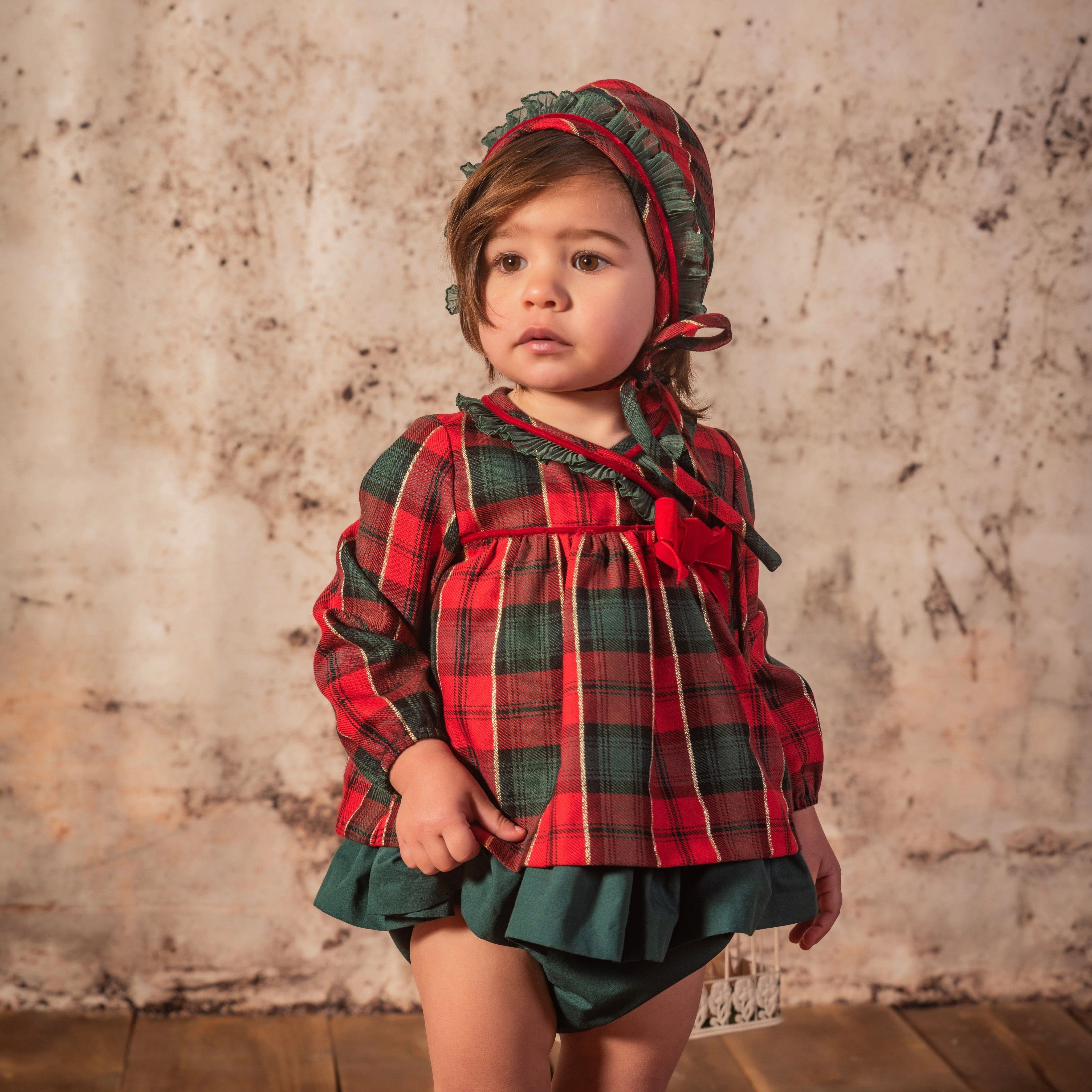 BABINE - Check Baby Dress & Bonnet - Red