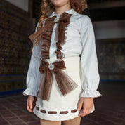NAXOS - Tweed Four Piece Skirt Set With Chocolate Brown Trim - Cream