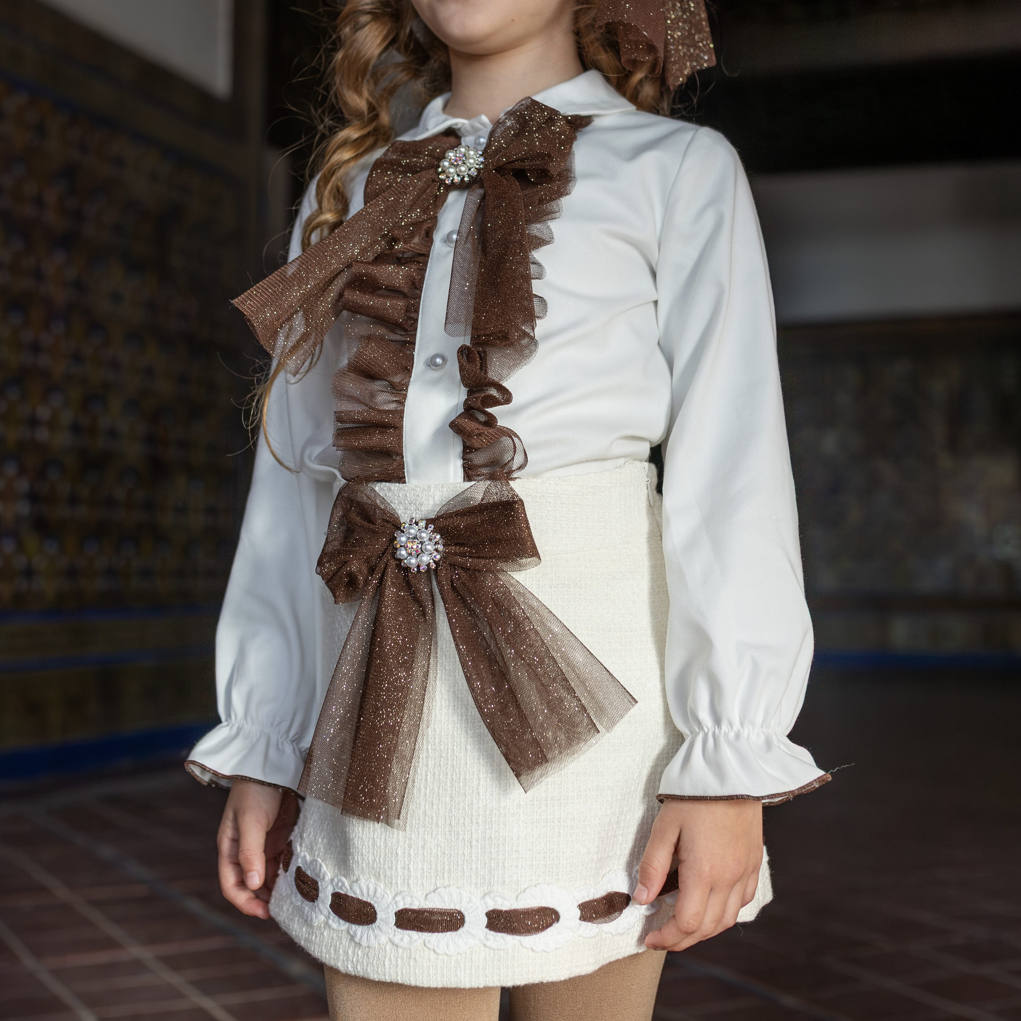 NAXOS - Tweed Four Piece Skirt Set With Chocolate Brown Trim - Cream
