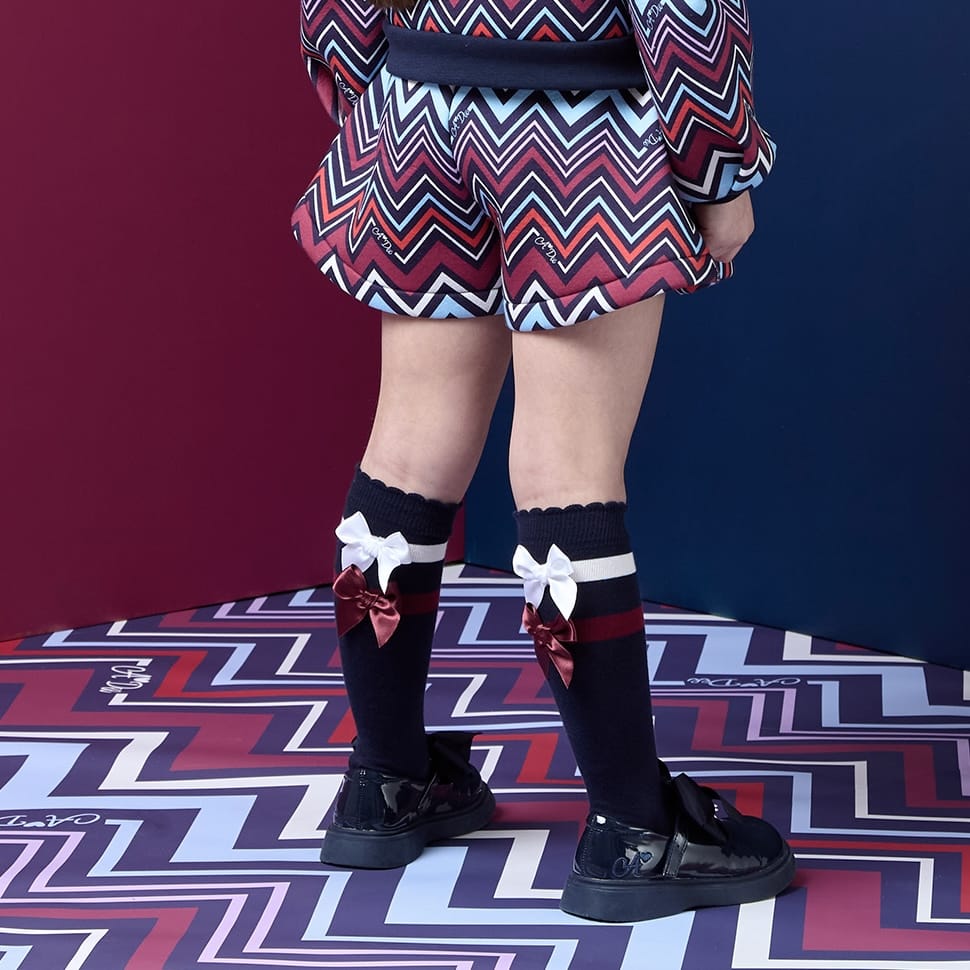 A Dee - Chevron Charm Astrid Stripe & Bow Knee High Socks - Dark Navy