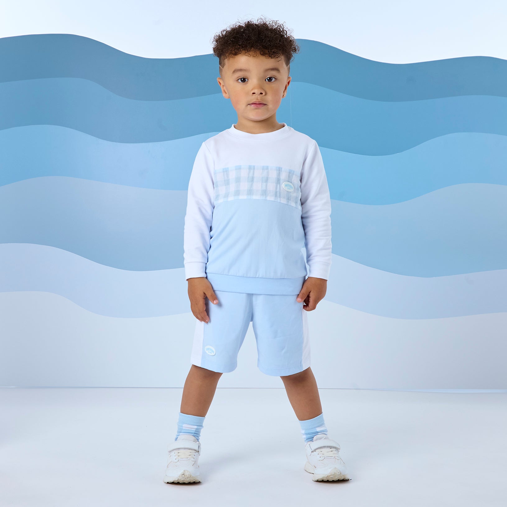 MITCH & SON - Finley Beyond Blue Gingham Sweatshirt Short Set - Sky Blue