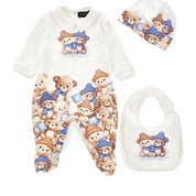 MONNALISA - Teddy  Babygrow Three Piece Set  - Cream