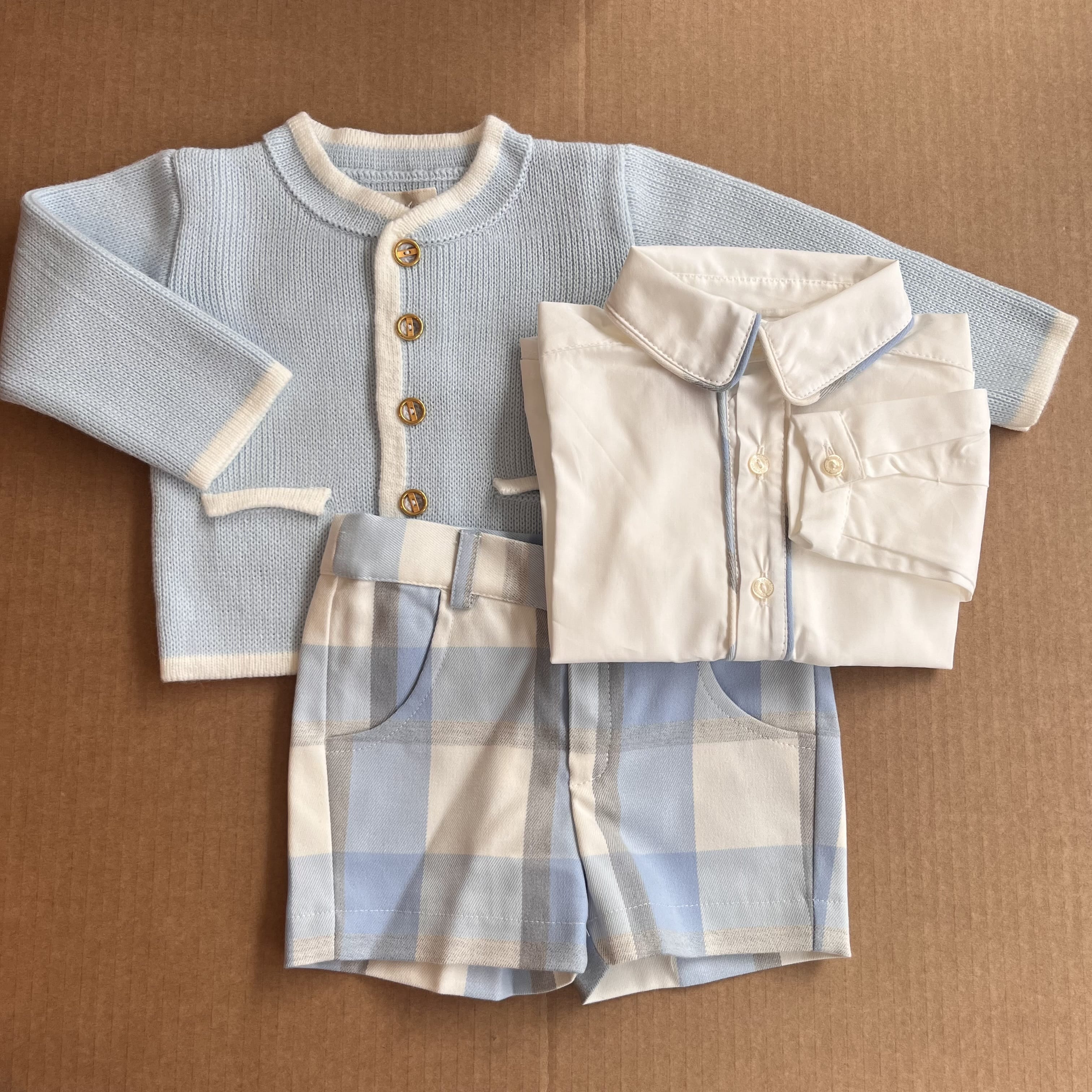 CESAR BLANCO- Three Piece Check Short & Knit Cardigan Set-Blue