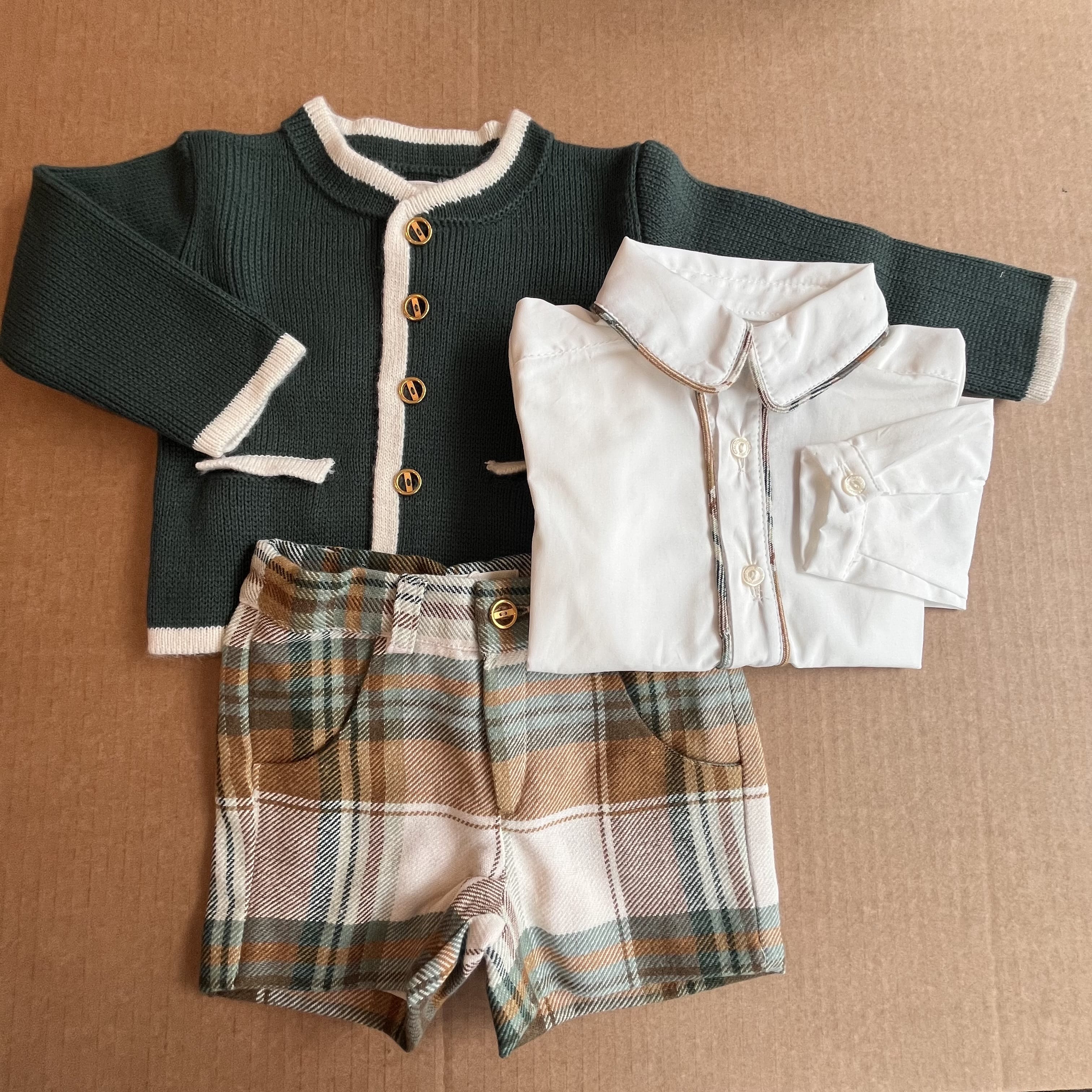 CESAR BLANCO- Three Piece Check Short & Knit Cardigan Set-Green