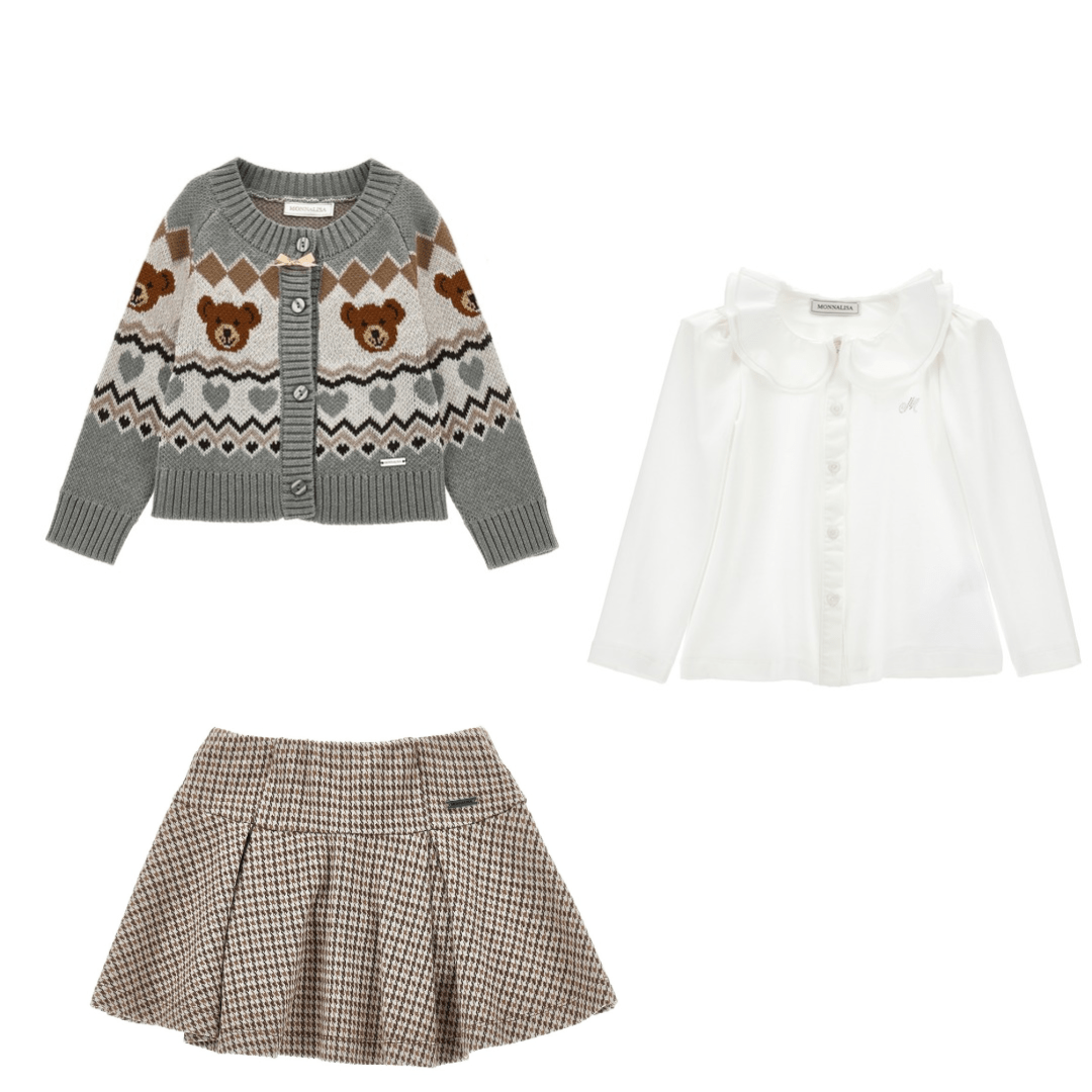 MONNALISA - Teddy Blouse, Cardigan & Skirt Set - Grey