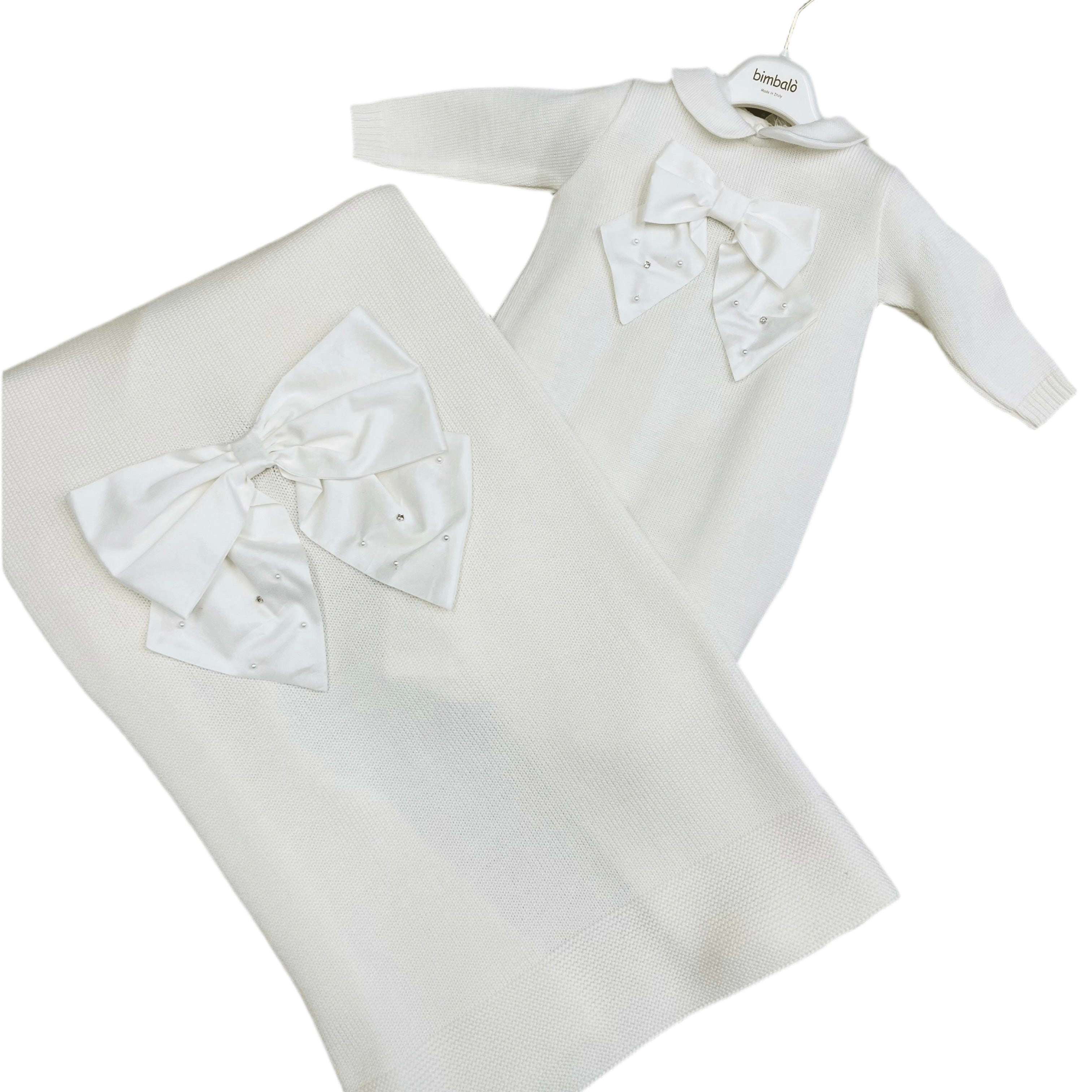 BIMBALO - Knitted Bow Blanket & Babygrow - Cream
