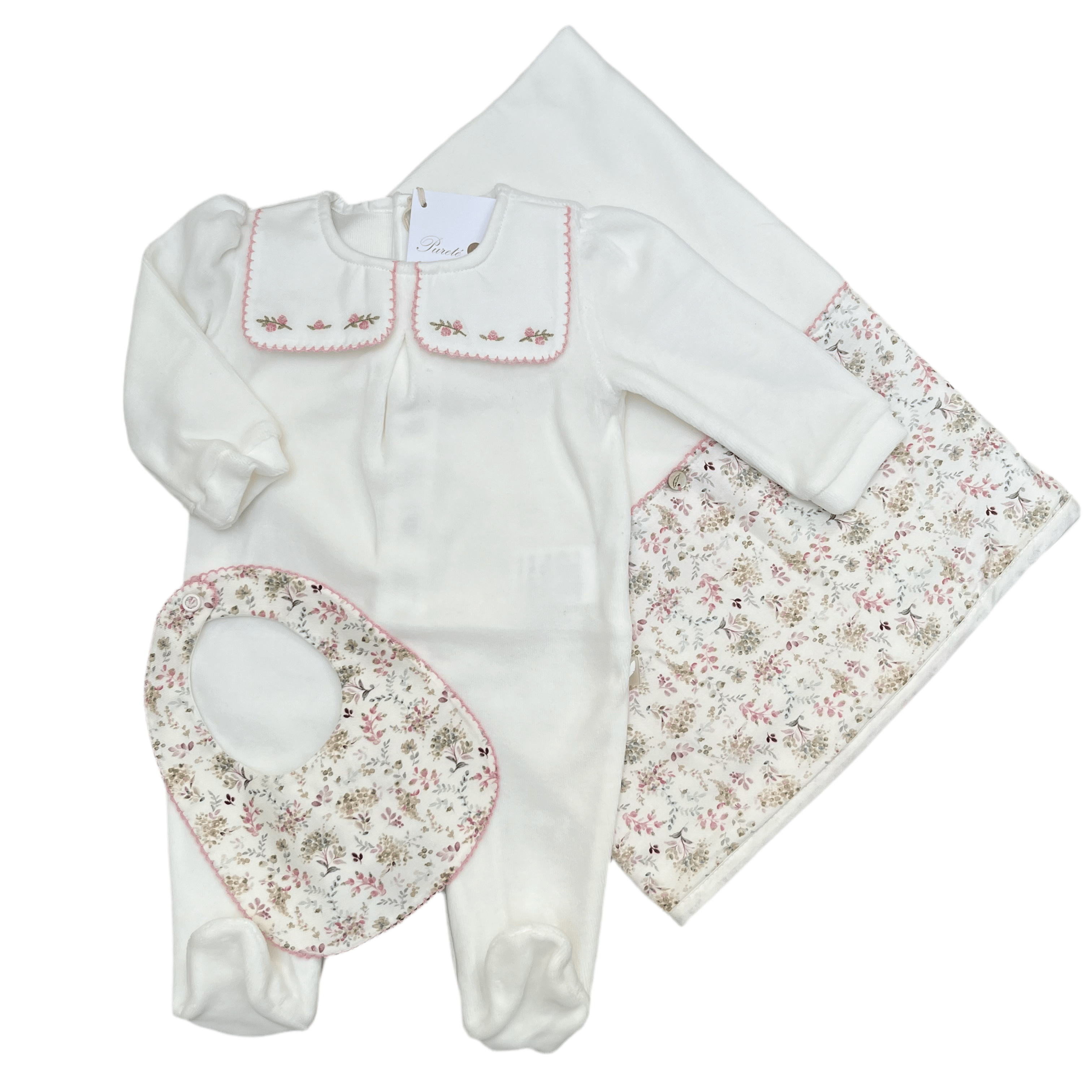 PURETÉ - Velour Bib Babgrow & Floral Three Piece Baby Layette Set - Ivory