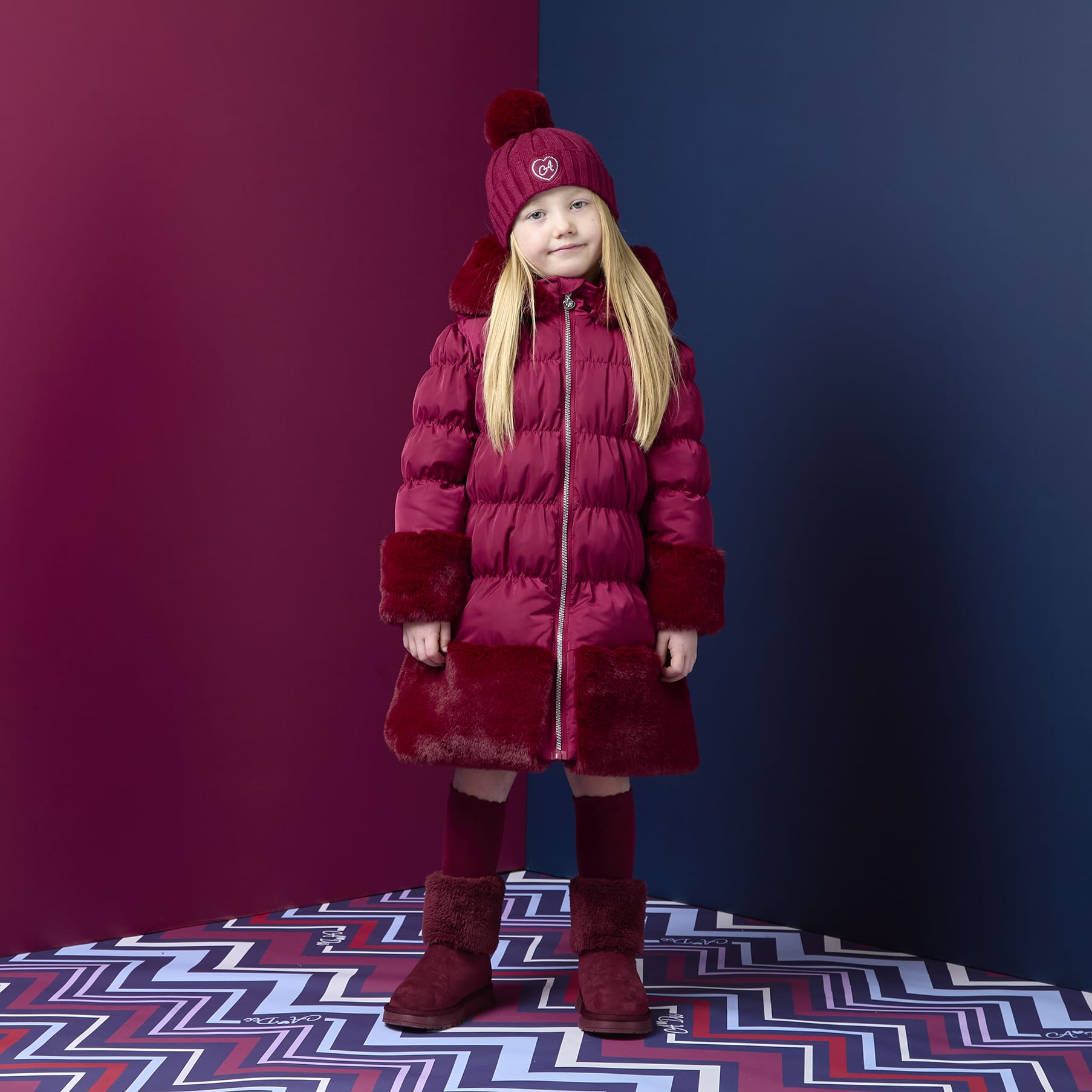 A DEE - Chevron Charm Aurora Fur Trim Jacket - Deep Cherry