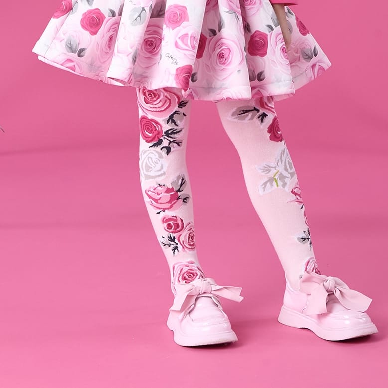 A Dee - Winter Bloom Ari Rose Print Tights- Pale Pink