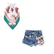 MONNALISA - Strawberry Denim Short Set - White