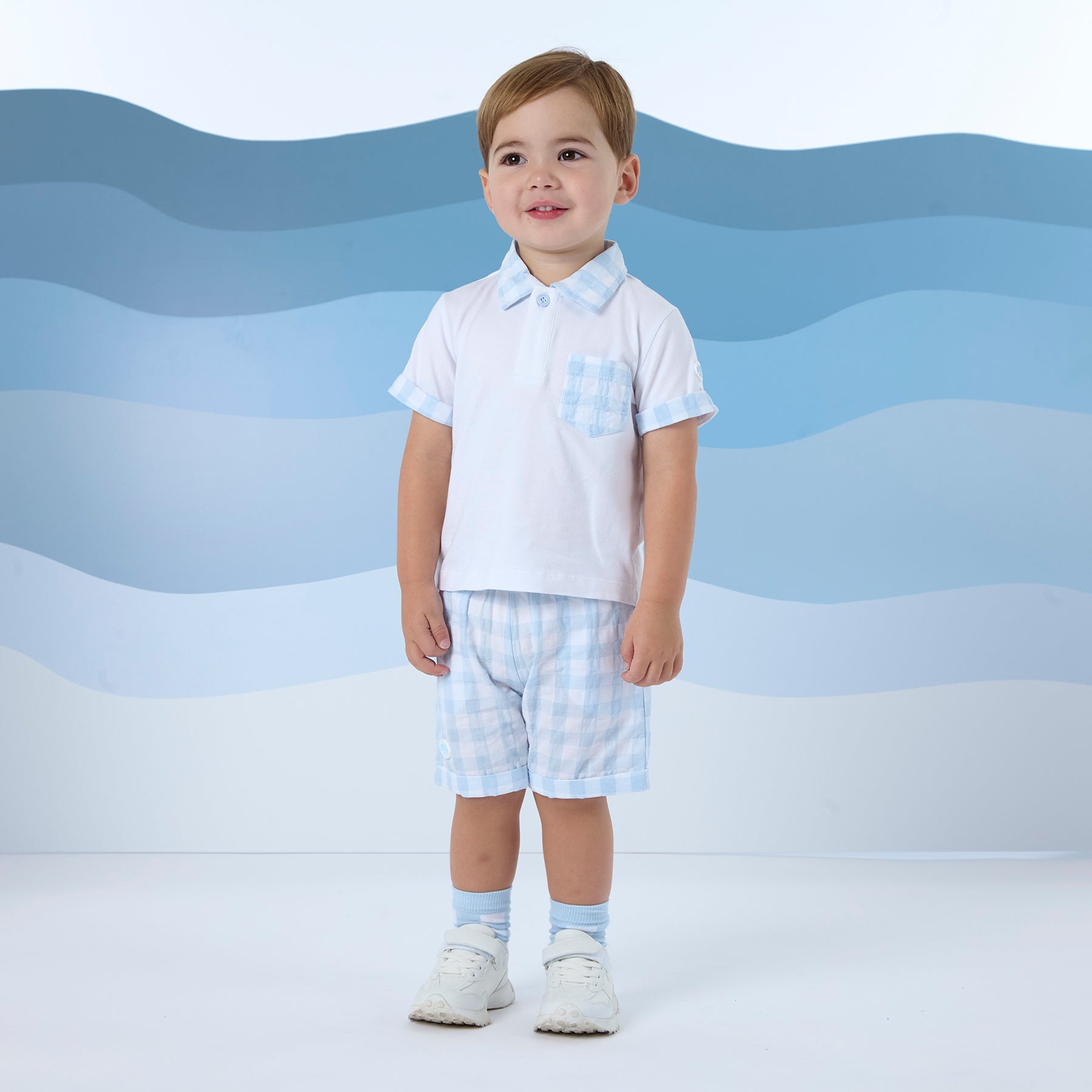 MITCH & SON - Fabian Beyond Blue Gingham Polo Short Set - Bright White