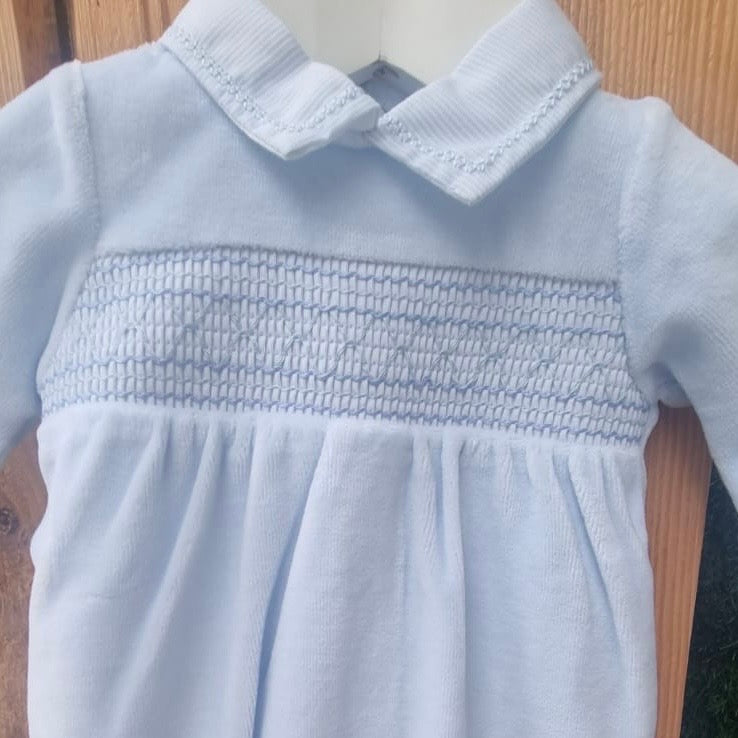 BLUES BABY - Velour Smocking Detail Cotton Babygrow - Blue