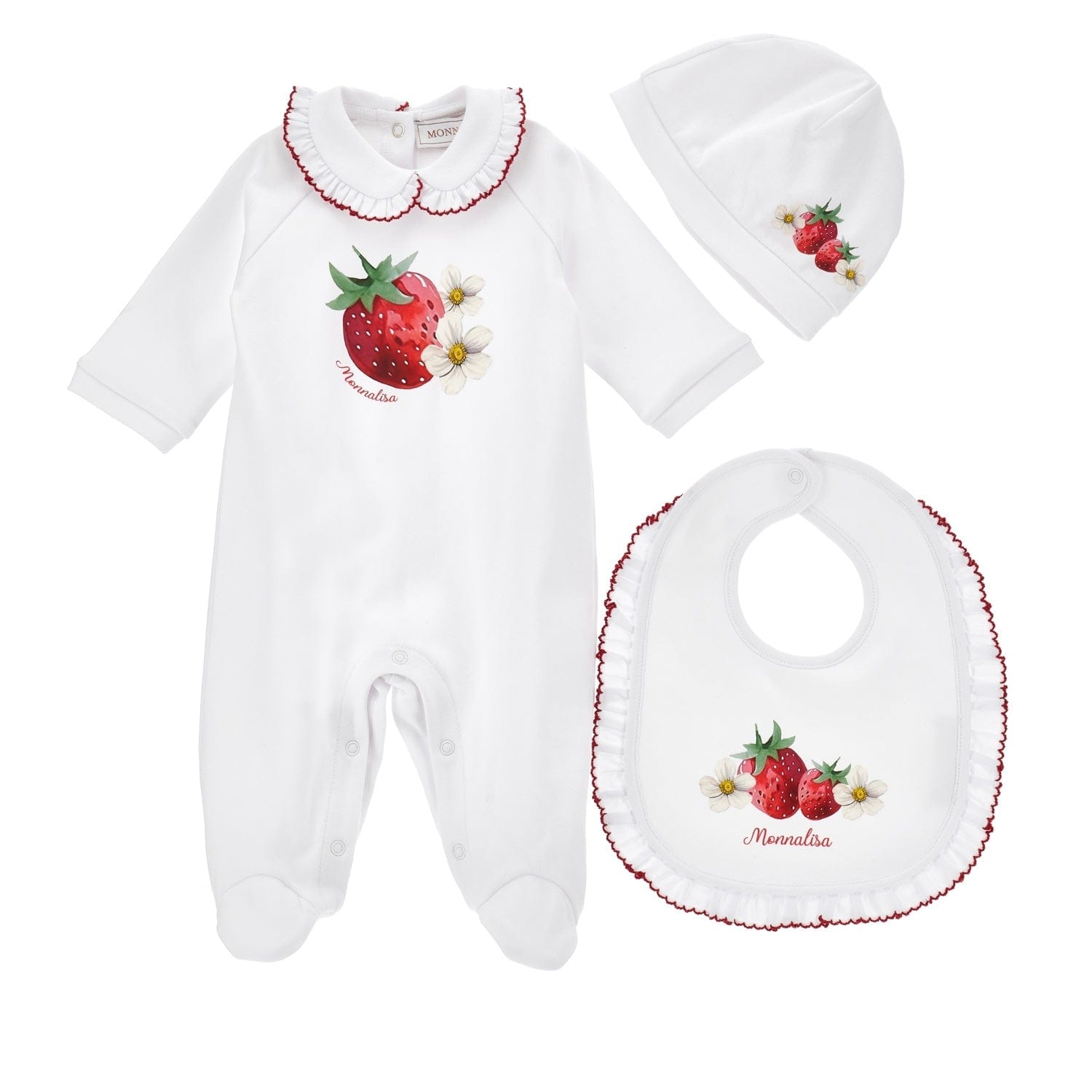 MONNALISA - Strawberry Three Piece Babygrow Set- White