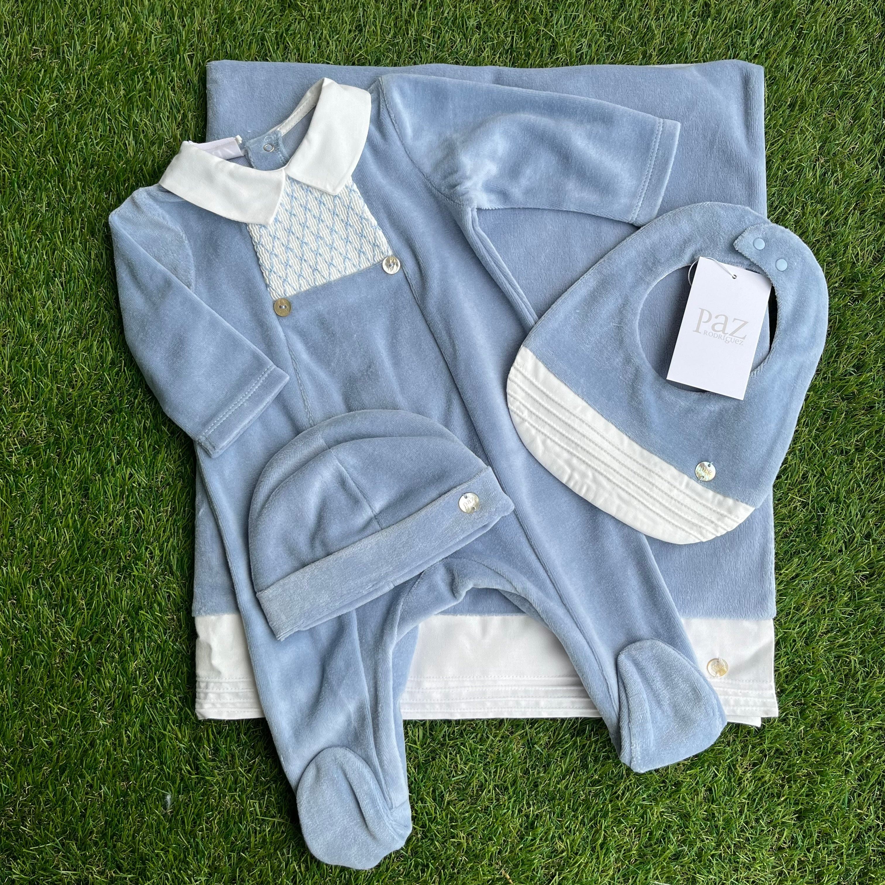 PAZ RODRIGUEZ - Peter Pan Collar Velour Baby Layette Four Piece Set - Blue