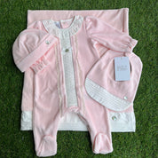 PAZ RODRIGUEZ - Peter Pan Collar Velour Baby Layette Four Piece Set - Pink