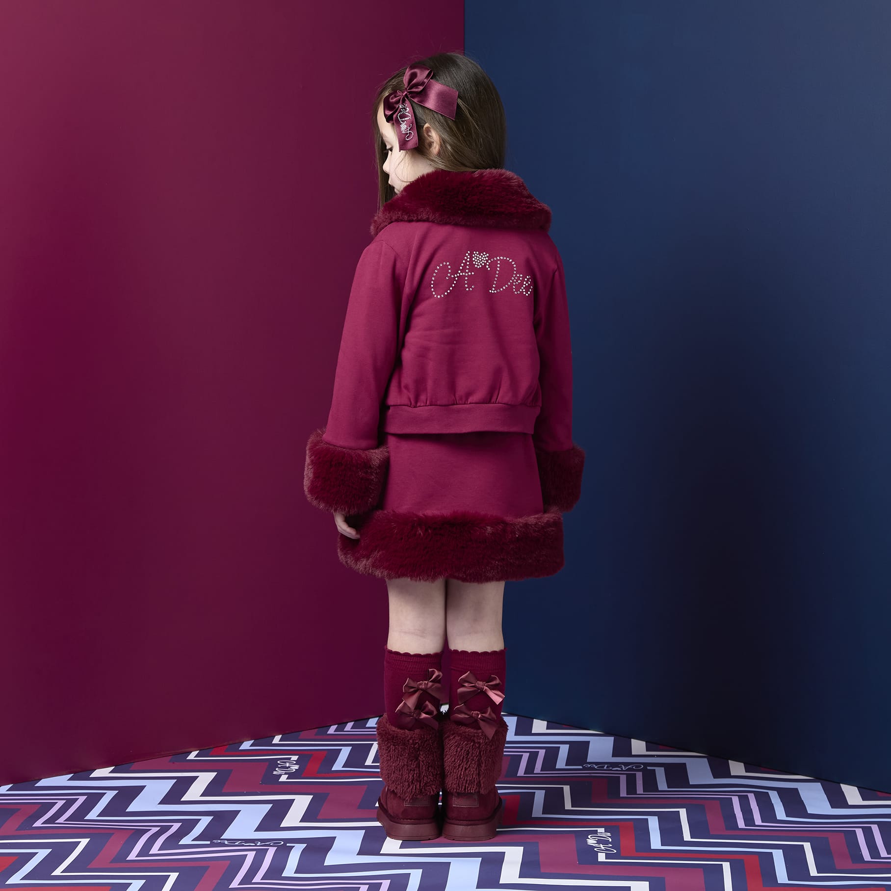 A DEE - Chevron Charm Audrey Fur Trim Bomber - Deep Cherry