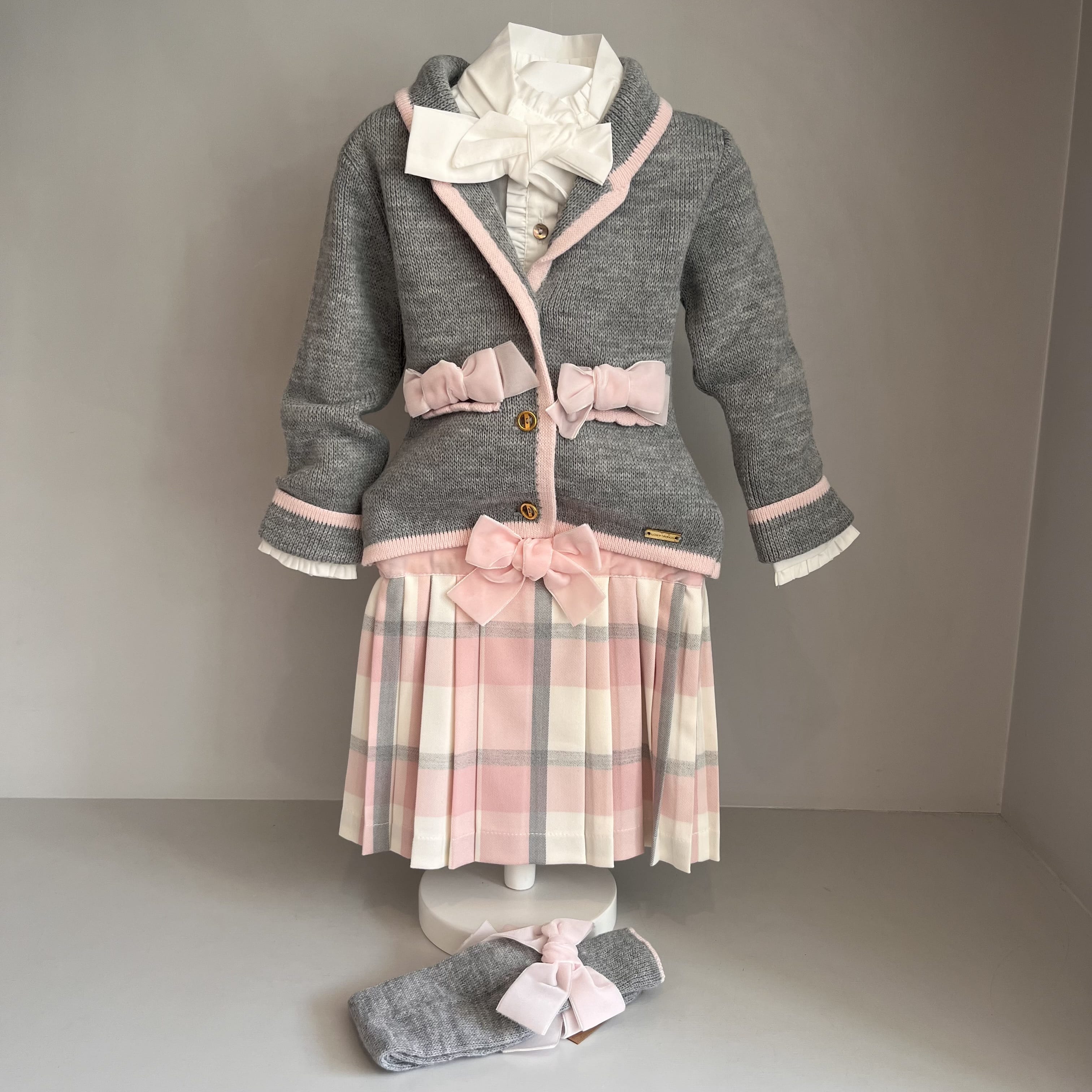 CESAR BLANCO- Four Piece Check Skirt & Knit Jacket Set-Pink