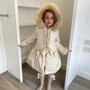 Bimbalo - Fur Hood Pearl detail Bow Coat - Champagne