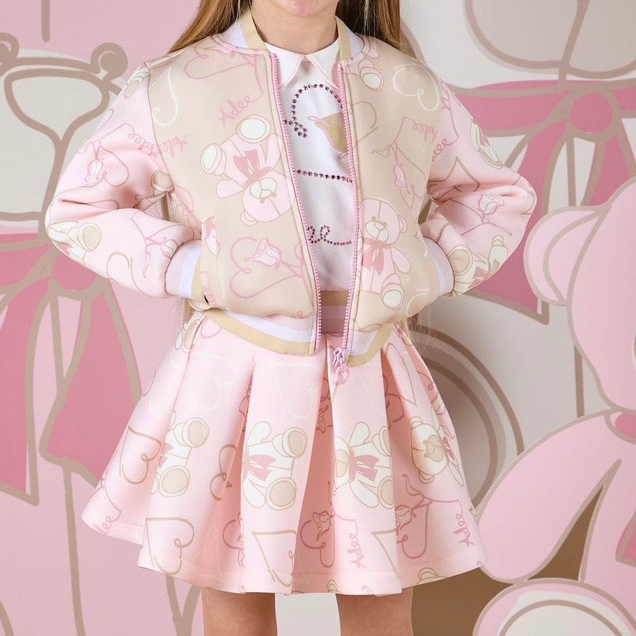 A DEE - Abstract Teddy Sassy Print Bomber Jacket & Star Skirt Set- Pink