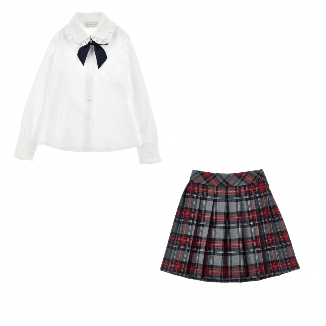 MONNALISA - Tartan Blouse &  Skirt Set - Grey