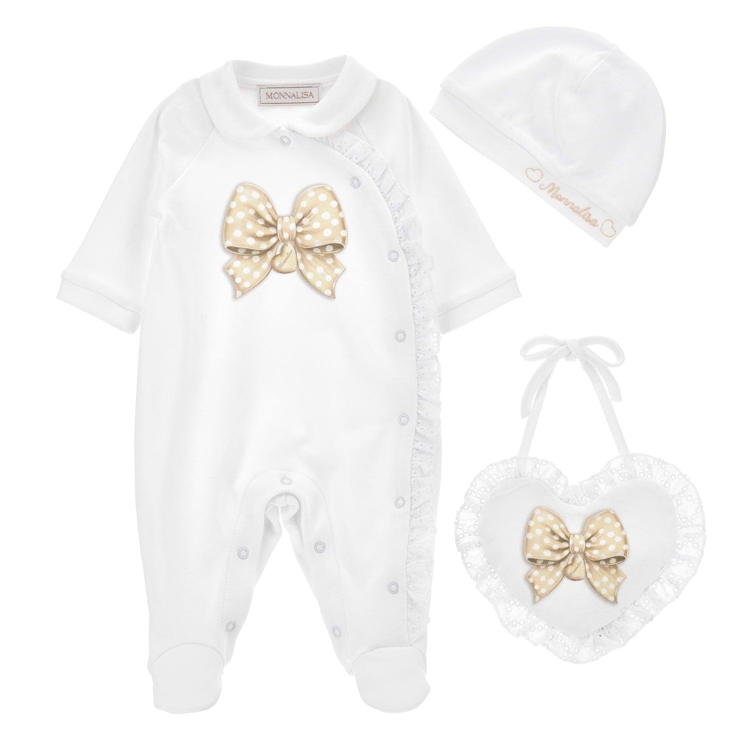 MONNALISA - Bow Layette Three Piece Set - White