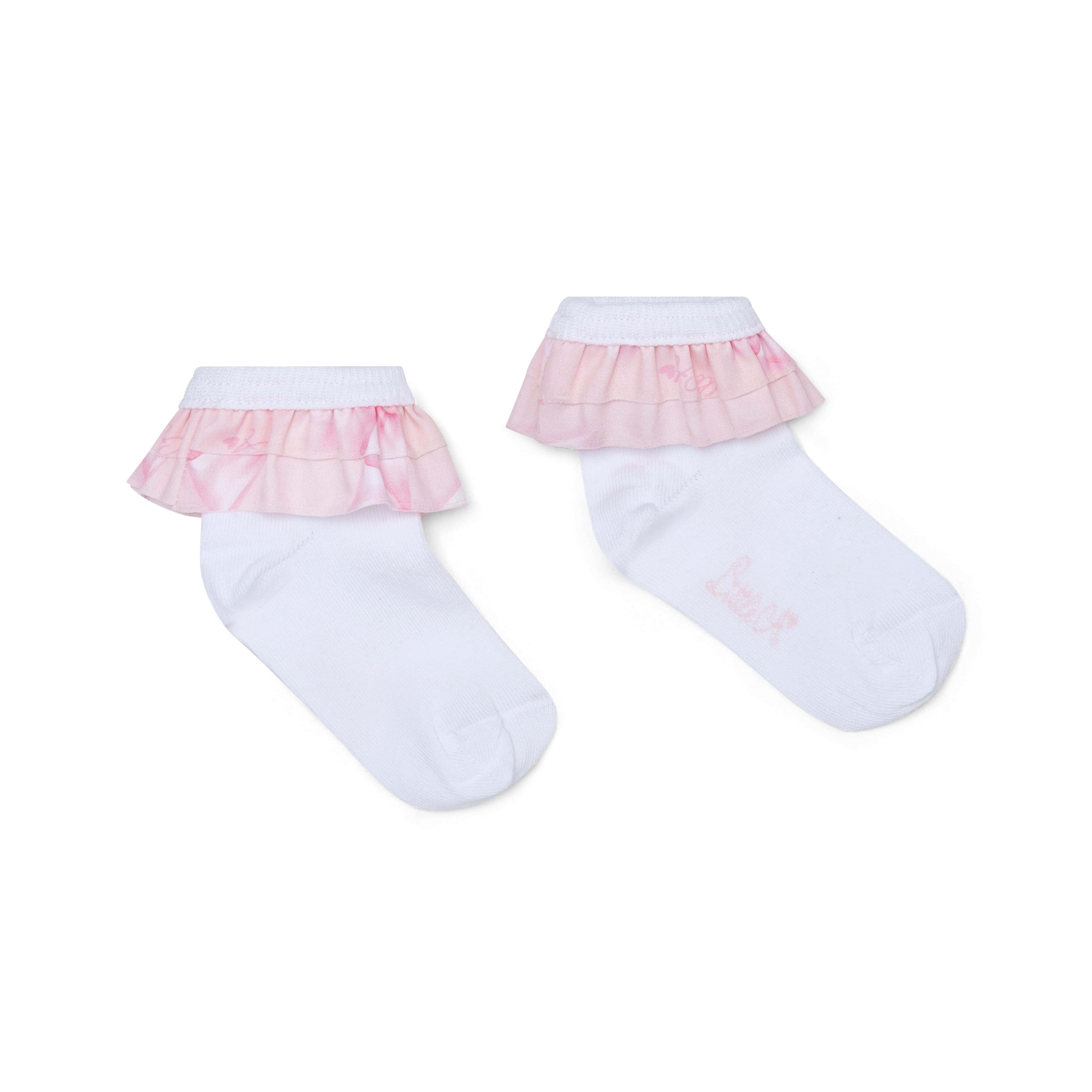 LITTLE A - Perfectly Pink Odette Bow Print Frill Ankle Sock - White