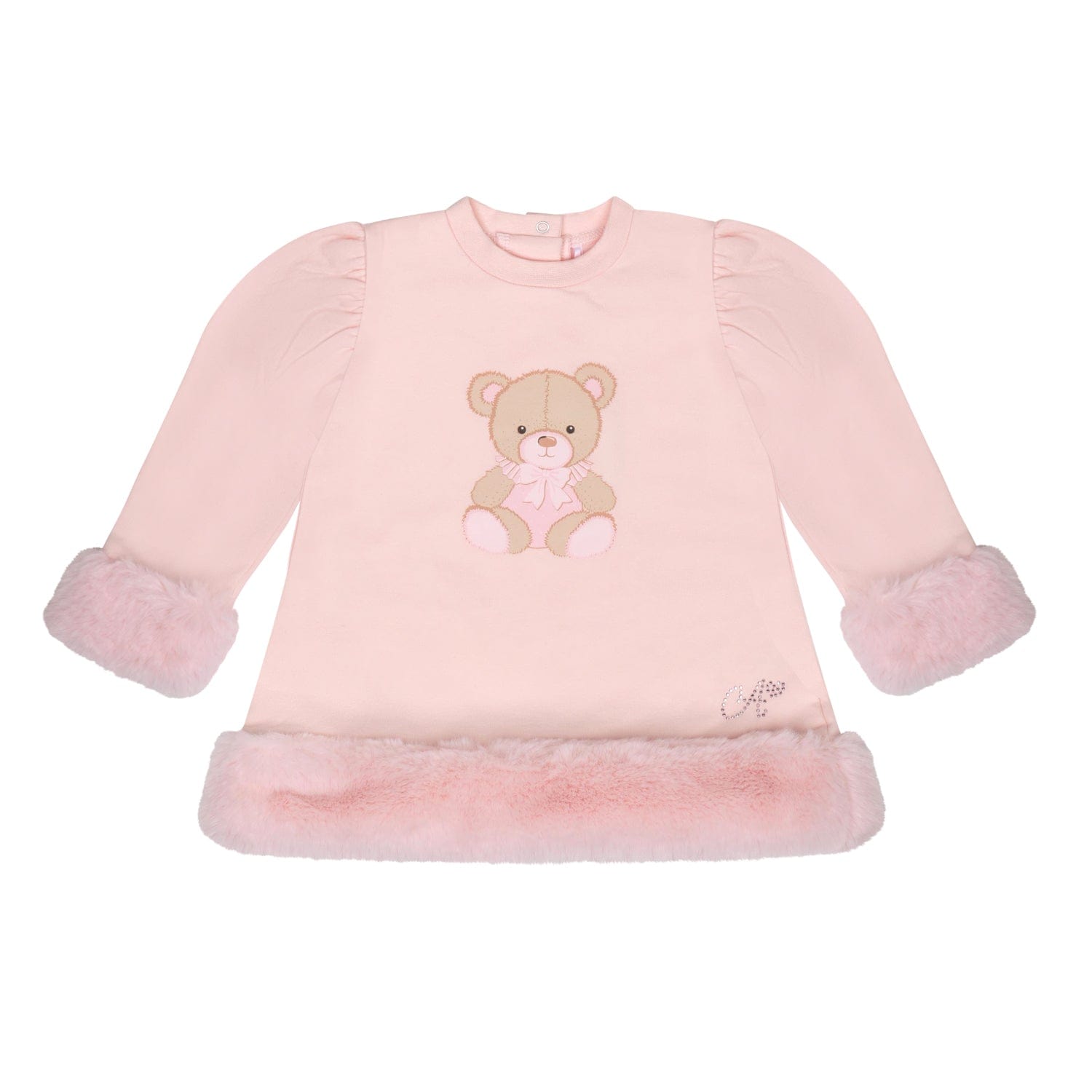 LITTLE A - Bear Hugs Goldie Fur Detail Bear Dress - Baby Pink