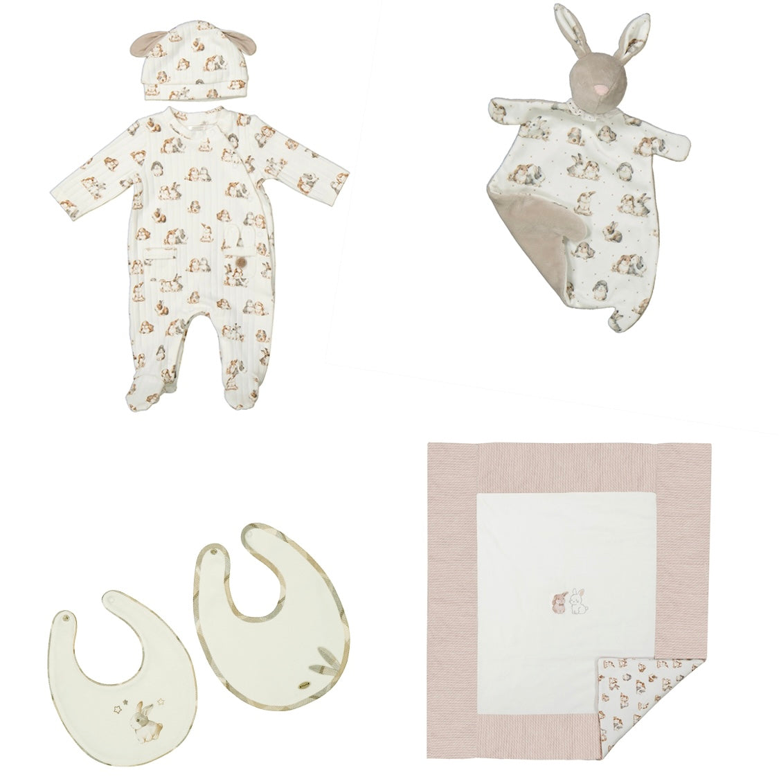 MAYORAL - Bunny Babygrow With Hat, Bibs, Blanket & Comforter - Natural