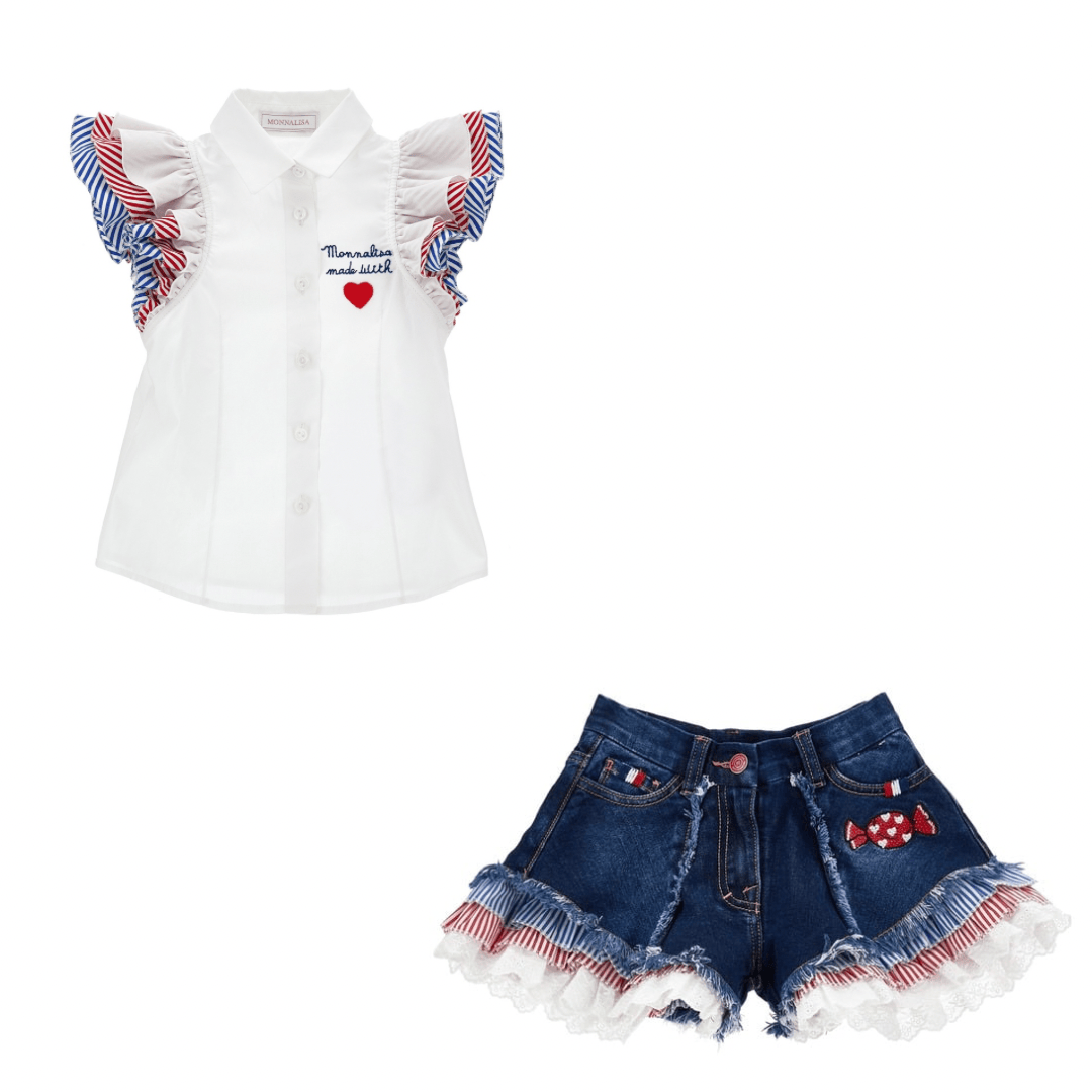 MONNALISA - Hello Kitty Denim Short Set - White