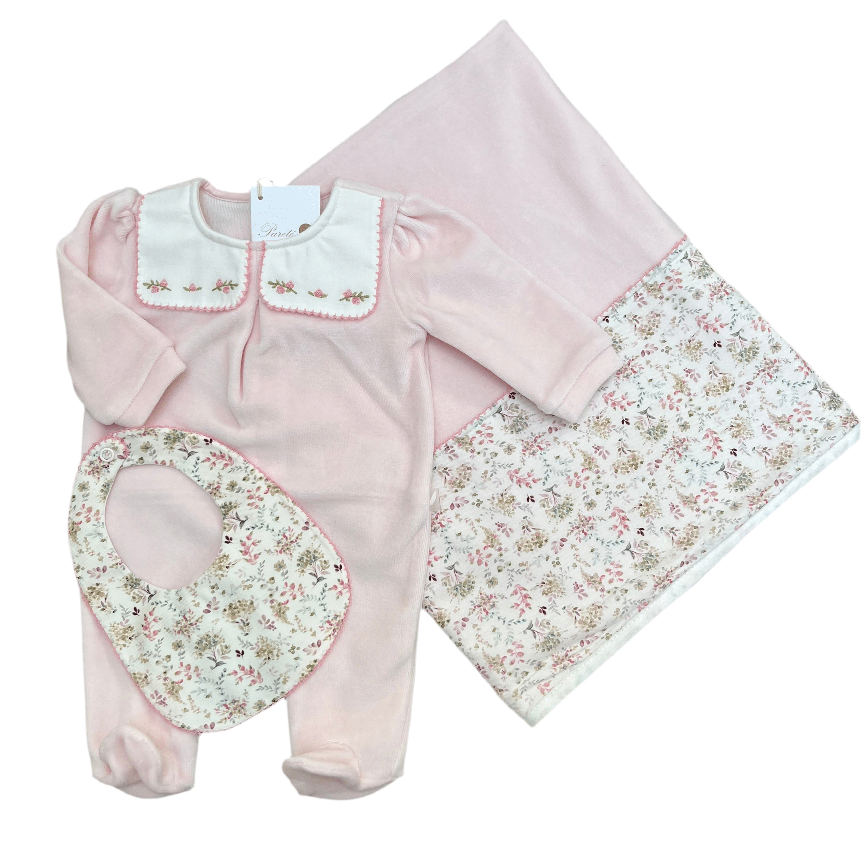 PURETÉ - Velour Bib Babgrow & Floral Three Piece Baby Layette Set - Pink