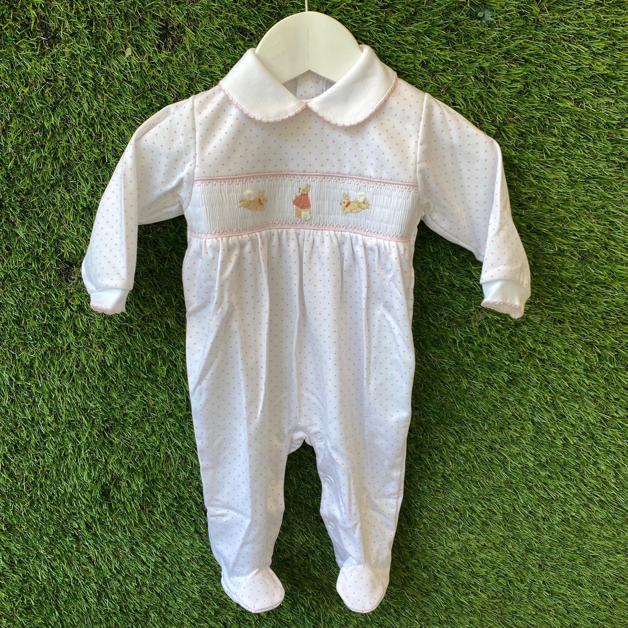 MINI-LA-MODE - Flopsy Bunny Spot Smocked Footsie - White