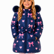 Bimbalo - Fur Hood Bow Print Coat - Navy