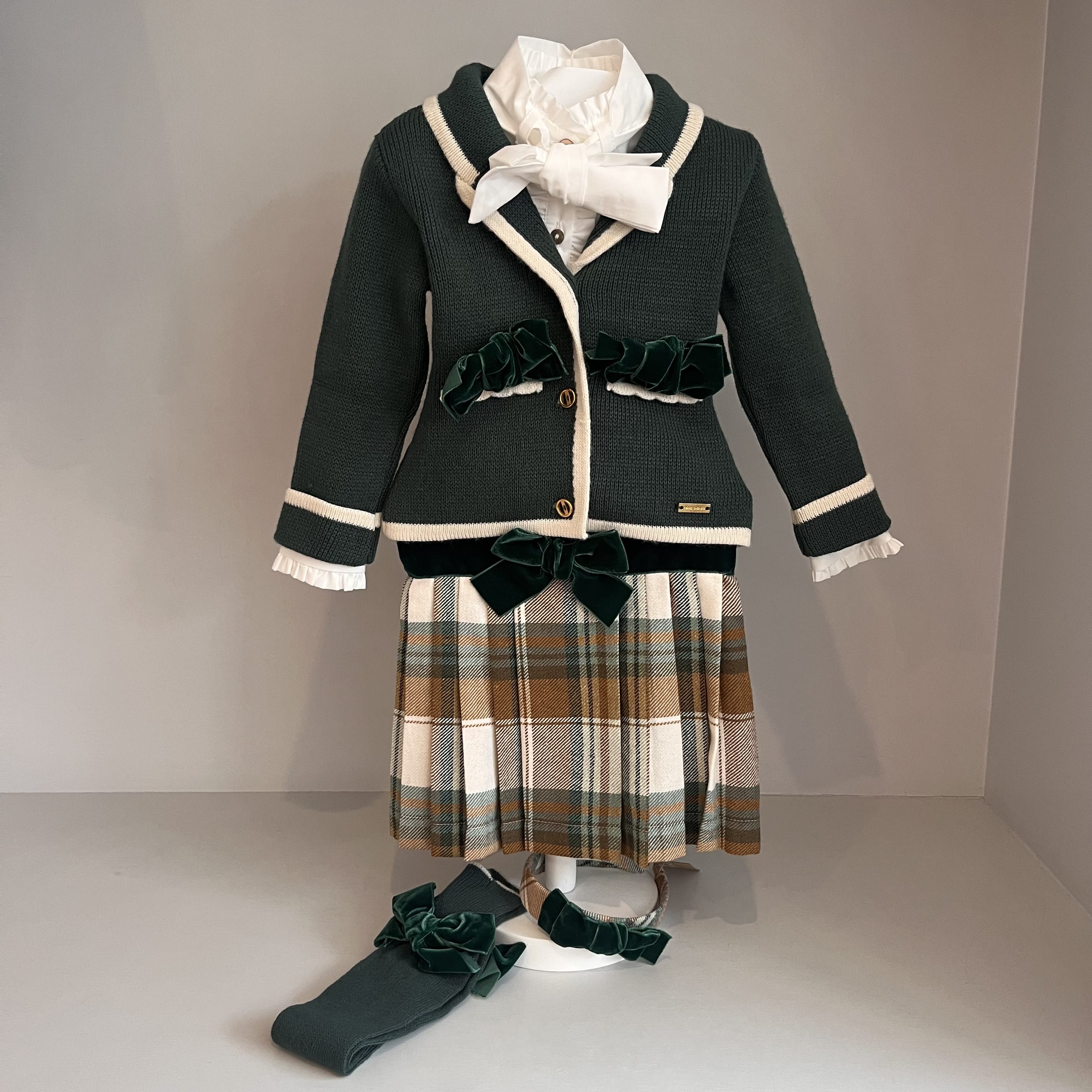 CESAR BLANCO- Four Piece Check Skirt & Knit Jacket Set-Green