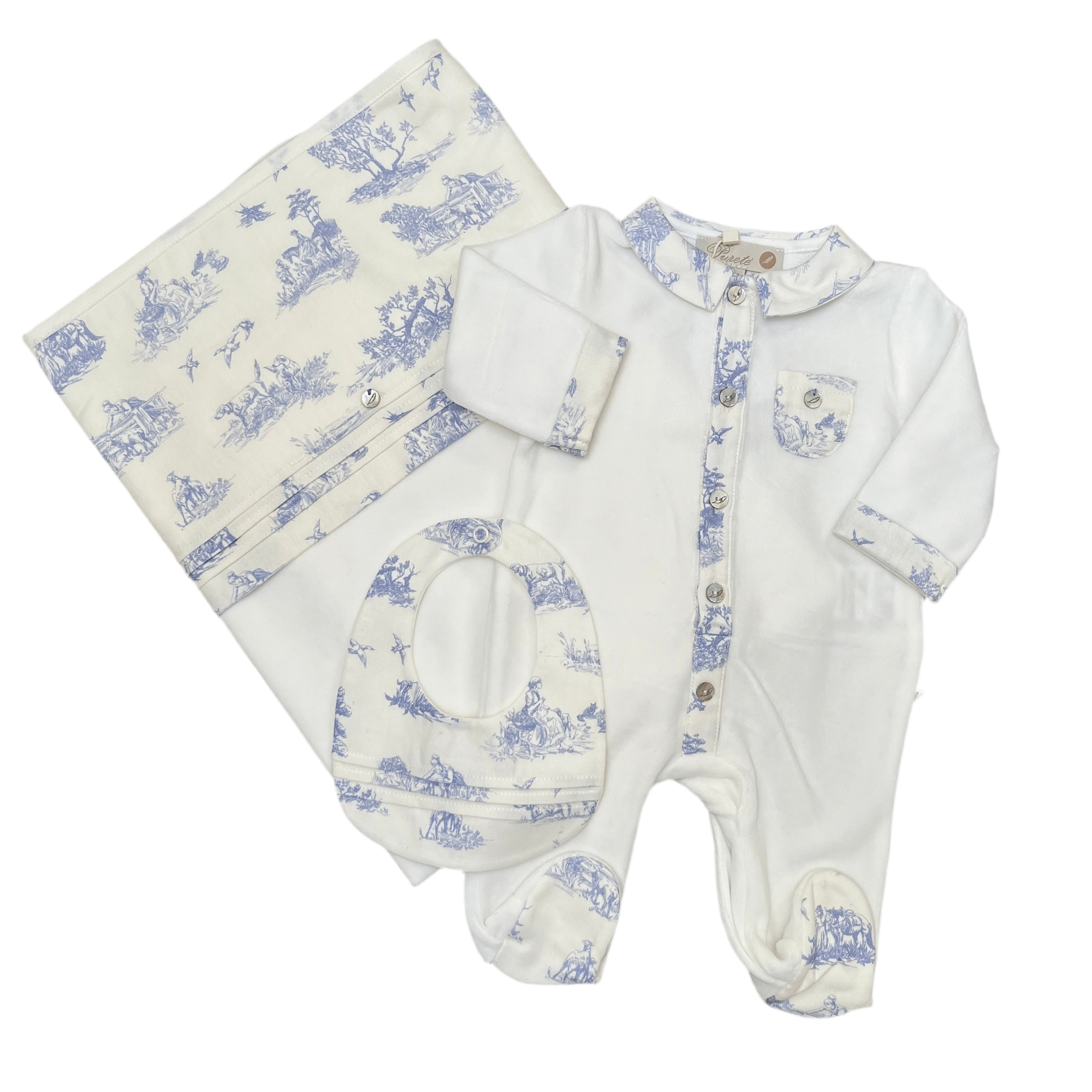 PURETÉ - Velour Toile De Jouy Three Piece Baby Layette Set - Blue