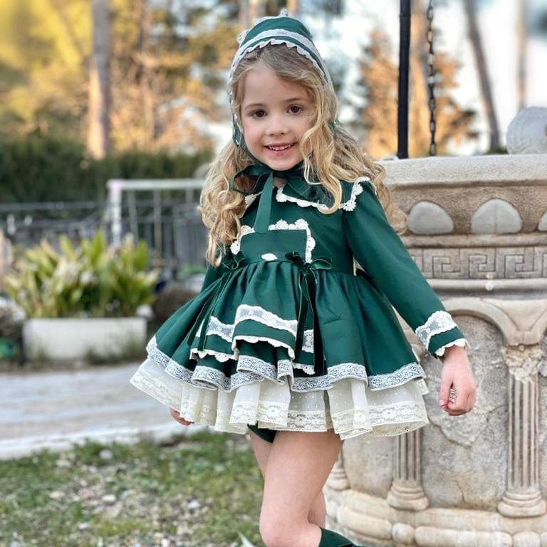 LA AMAPOLA - Valentina Baby Dress & Bonnet - Green